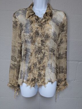 Yarns & Stitches 100% Silk Blouse Size M sheer reptile print ruffle